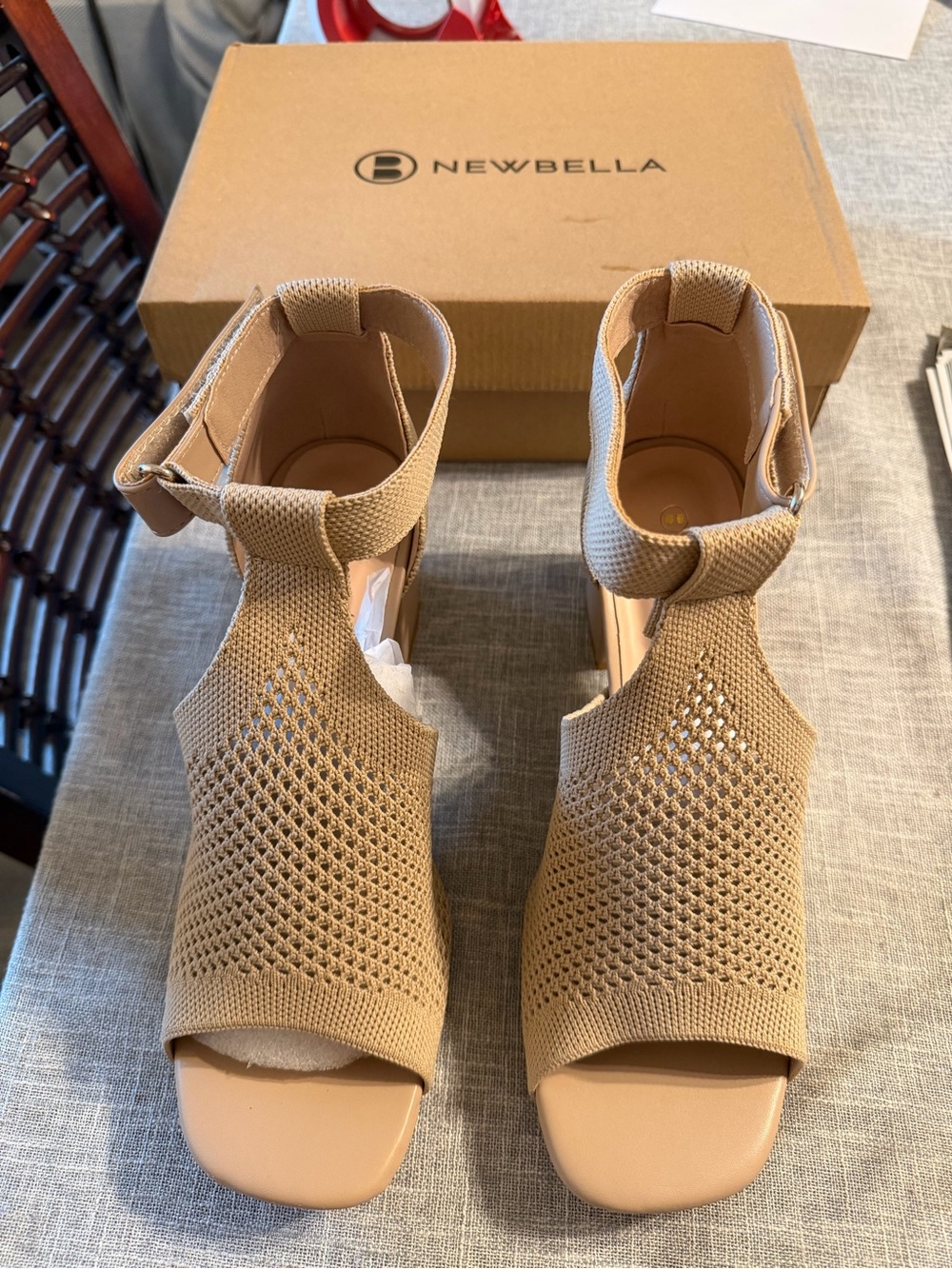 Newbella Women's Tan Knit Ankle-Strap Heels